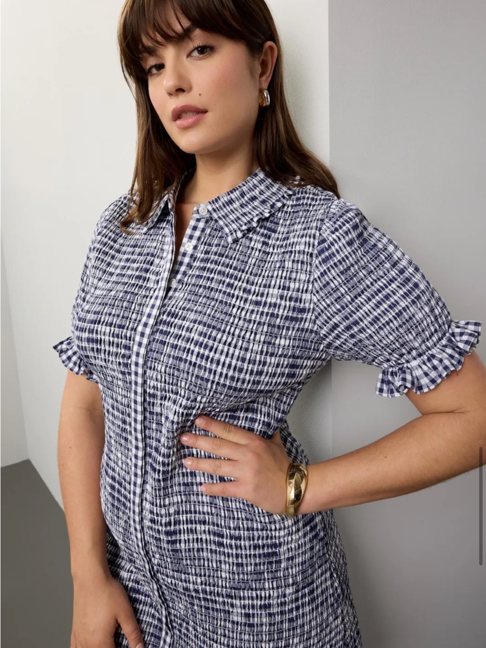 Jason Wu x RTR Gingham-Textured Navy and White Short Sleeve Dress - Picture 6 of 14